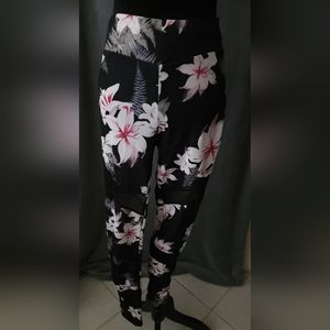 Black/Pink/White Floral Sheer Accent Leggings